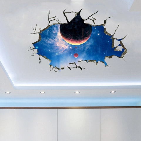 3D Universum Weltraum Gebrochen Wandaufkleber Riesiger Planet Galaxie Wandtattoos Für Kinderzimmer Heimdekoration Wasserdichtes PVC Poster