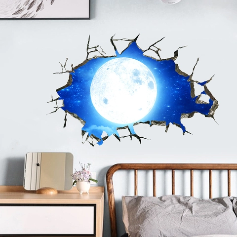 3D Broken Wall Moon Planet Wall Sticker Creative Starry Sky Night Removable PVC Ceiling Mural For Home Decor Astronomy Gift