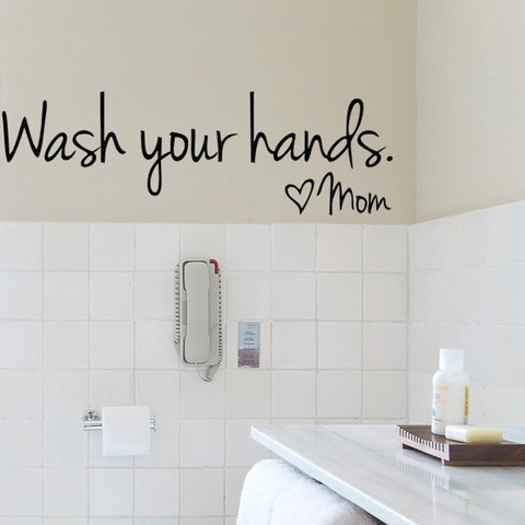 Wash Your Hands Mom Αυτοκόλλητο Τοίχου PVC Αφαιρούμενο Διακόσμηση Μπάνιου Χειρόγραφα Καλλιτεχνικά Γράμματα Καρδιά Διακόσμηση Τουαλέτας