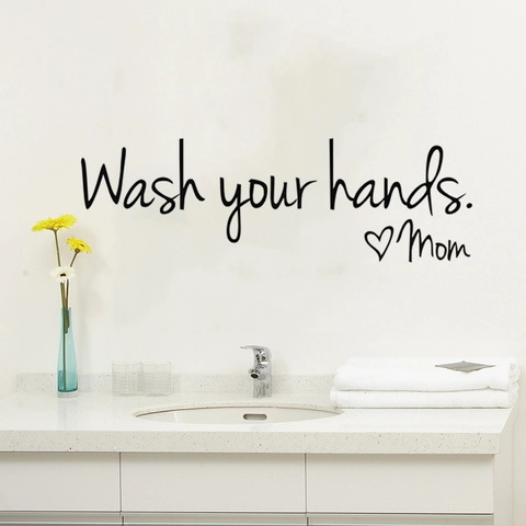 Wash Your Hands Mom Αυτοκόλλητο Τοίχου PVC Αφαιρούμενο Διακόσμηση Μπάνιου Χειρόγραφα Καλλιτεχνικά Γράμματα Καρδιά Διακόσμηση Τουαλέτας
