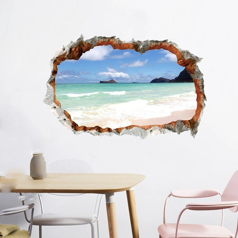 Pegatinas de Pared Efecto Pared Rota 3D Paisaje Playa Océano PVC Autoadhesivas Atardecer Velero Decoración del Hogar