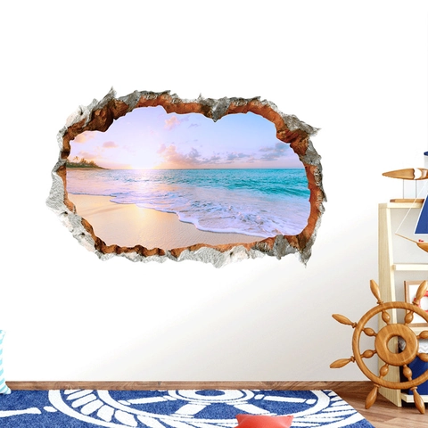 Adesivo Murale 3D Effetto Muro Rotto Spiaggia Tramonto PVC Autoadesivo Rimovibile Paesaggio Decorazione per Soggiorno Camera da Letto