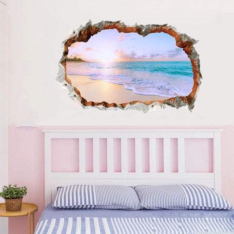 Adesivo Murale 3D Effetto Muro Rotto Spiaggia Tramonto PVC Autoadesivo Rimovibile Paesaggio Decorazione per Soggiorno Camera da Letto