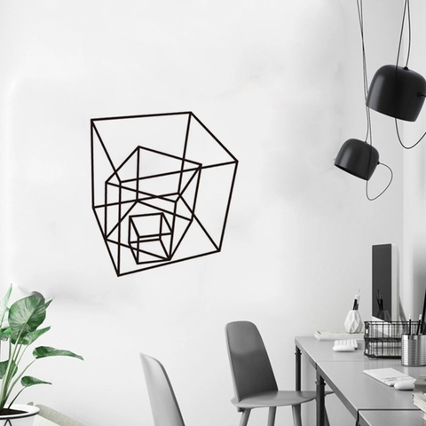 Modern Geometrisch Würfel Wandtattoo 3D Verschachtelt Linie Drahtmodell PVC Aufkleber Minimalistisch Kunst Wandbild Für Büro