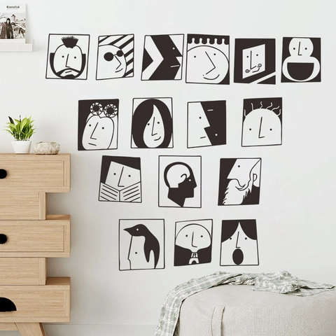 Pegatinas de Pared de Cara Abstracta Minimalista Blanco Negro Arte de Línea Retrato PVC Calcomanías Removibles Dormitorio