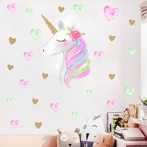 Dolce Adesivo da Parete Unicorno Acquerello Arcobaleno Floreale Stella Cuore PVC Decalcomania Rimovibile per Camera Bambini