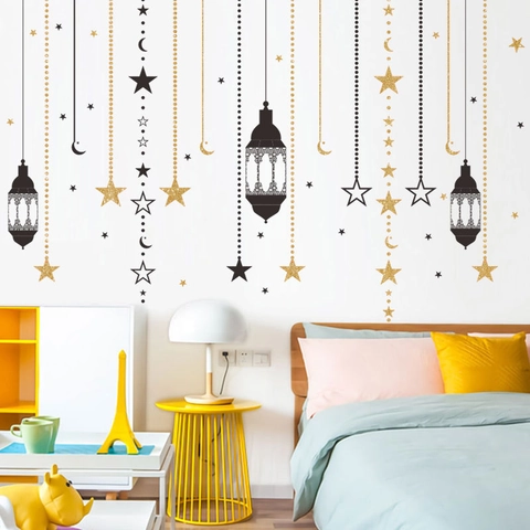 Decoración de Ramadán Farol Luna Estrella Pegatinas de Pared para Sala de Estar Dormitorio PVC Autoadhesivo Removible Mural Casa