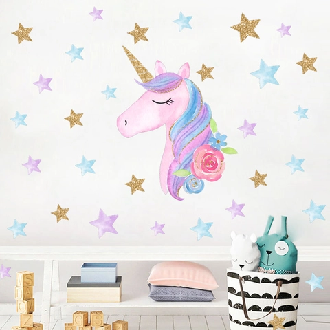 Dolce Adesivo da Parete Unicorno Acquerello Arcobaleno Floreale Stella Cuore PVC Decalcomania Rimovibile per Camera Bambini