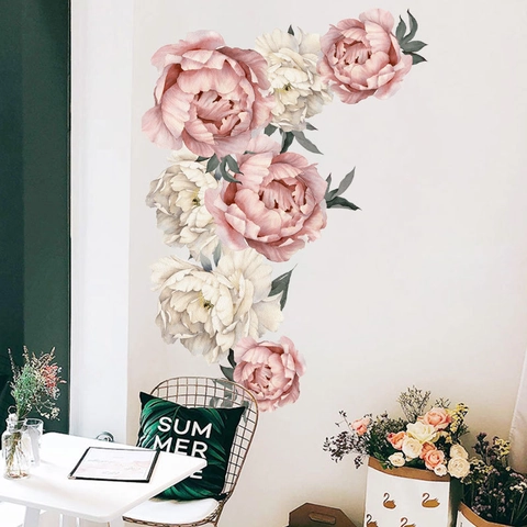 Adesivi Murali Fiori di Peonia Acquerello Decalcomanie Murali Floreali in PVC Removibili Per Soggiorno Camera da Letto Decorazione Domestica
