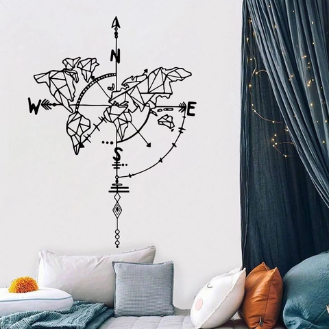 Adhesivo de Pared Mapa del Mundo Geométrico Brújula Negro Minimalista PVC Calcomanía Para Sala Oficina Decoración