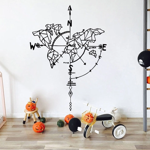 Adhesivo de Pared Mapa del Mundo Geométrico Brújula Negro Minimalista PVC Calcomanía Para Sala Oficina Decoración