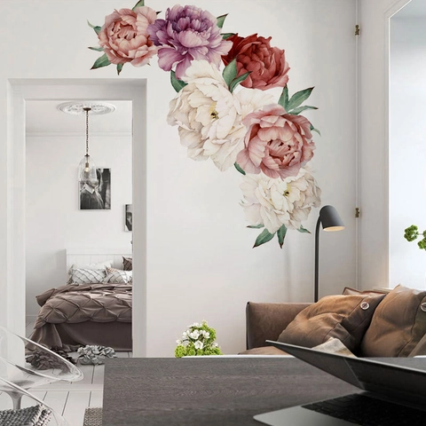 Watercolor Peony Flower Wall Stickers PVC Self Adhesive Floral Decals For Bedroom Living Room Home Decor Hand Painted Mural