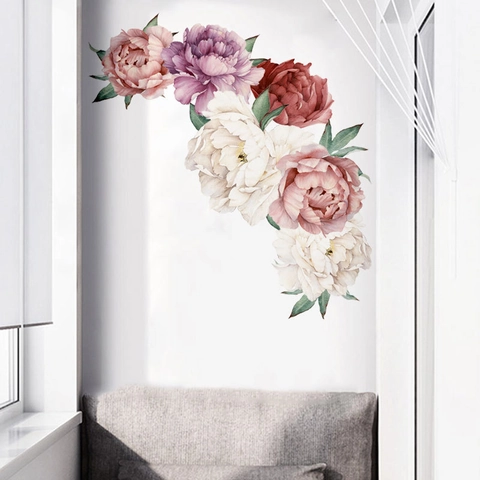 Adesivo da Parete Peonia ad Acquerello PVC Rimovibile Floreale Decalcomania per Soggiorno Camera da Letto Decorazione Casa