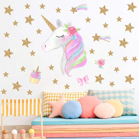 Stickers Muraux Licorne Étoile en PVC Auto-Adhésifs Oniriques Aquarelle pour Chambre d'Enfant Salon Décoration Maison