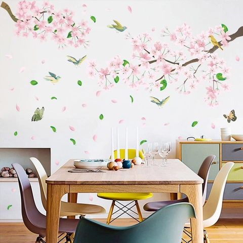 Autocollants Muraux Romantiques Fleurs Pêcher Roses Pour Salon Chambre PVC Auto-Adhésifs Floral Oiseau Papillon Décor Maison