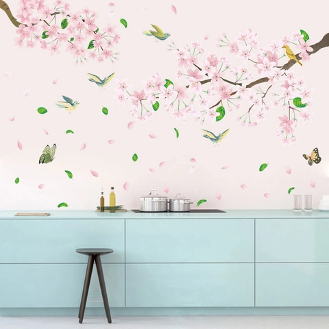 Pegatinas de Pared de Rama de Flor de Cerezo Rosa Románticas Calcomanías de Pared Removibles de PVC Flor Pájaro Mariposa Para Sala de Estar Dormitorio Decoración del Hogar