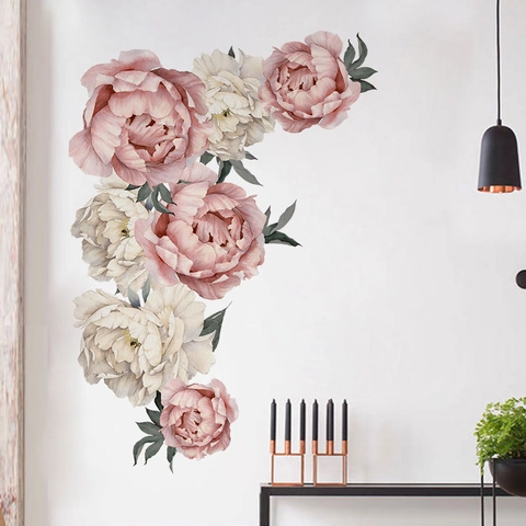Watercolor Pink Peony Wall Stickers PVC Self Adhesive Flower Wall Decals For Living Room Bedroom Home Decoration Aesthetic
