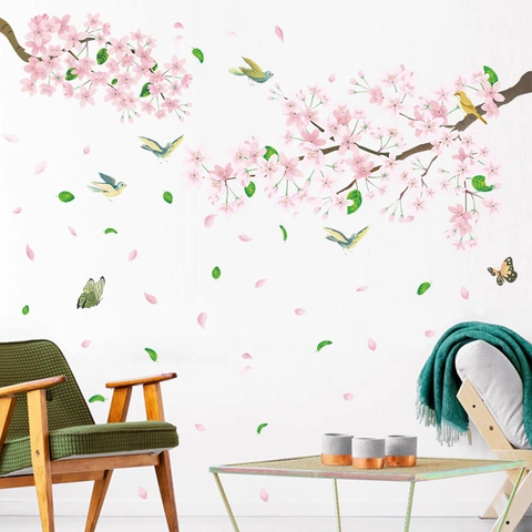 Autocollants Muraux Romantiques Fleurs Pêcher Roses Pour Salon Chambre PVC Auto-Adhésifs Floral Oiseau Papillon Décor Maison