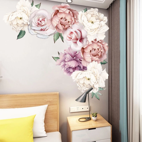 Stickers Muraux Floraux Aquarelle Pivoine Et Rose Autocollants Décoratifs En PVC Pour Salon Chambre Décoration Intérieure