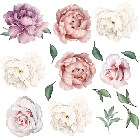 Stickers Muraux Floraux Aquarelle Pivoine Et Rose Autocollants Décoratifs En PVC Pour Salon Chambre Décoration Intérieure