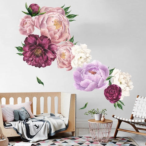Aquarell Pfingstrose Wandaufkleber Elegant Abnehmbar PVC Blumen Wandtattoos Für Schlafzimmer Wohnzimmer Sofa Hintergrund Dekoration