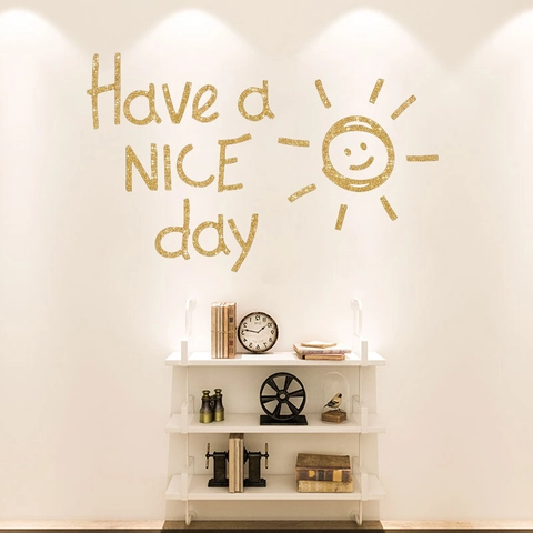 Adesivo da Parete Glitter Oro Have A Nice Day Sole Faccina Sorridente Rimovibile PVC Decalcomania per Soggiorno Camera da Letto Ufficio