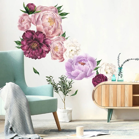 Aquarell Pfingstrose Wandaufkleber Elegant Abnehmbar PVC Blumen Wandtattoos Für Schlafzimmer Wohnzimmer Sofa Hintergrund Dekoration