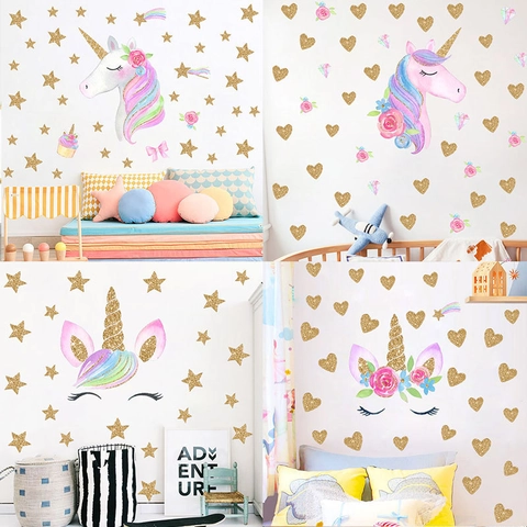 Stickers Muraux Licorne Étoile en PVC Auto-Adhésifs Oniriques Aquarelle pour Chambre d'Enfant Salon Décoration Maison