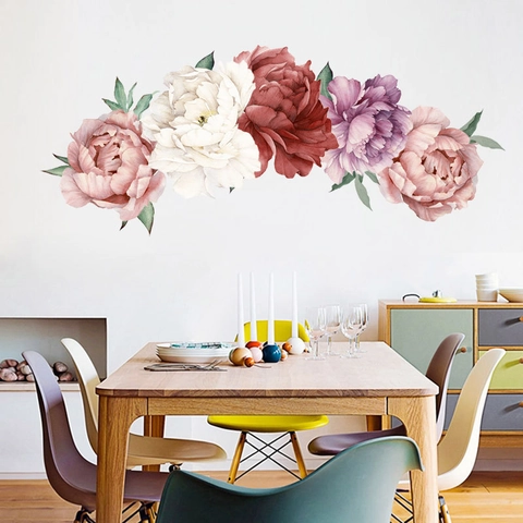 Pegatinas de Pared de Peonía en Acuarela Calcomanías de Pared Florales de PVC Extraíbles para Sala de Estar Dormitorio Decoración