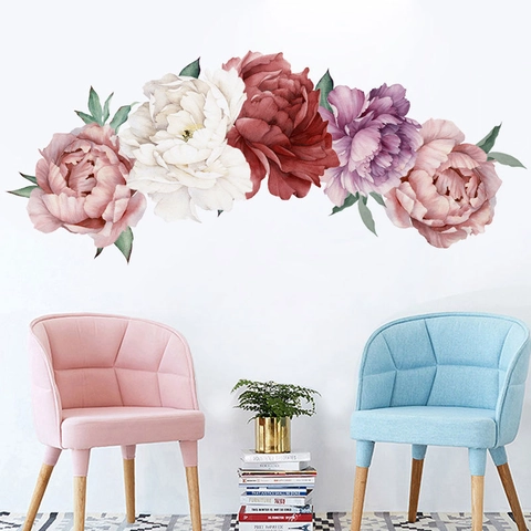 Pegatinas de Pared de Peonía en Acuarela Calcomanías de Pared Florales de PVC Extraíbles para Sala de Estar Dormitorio Decoración
