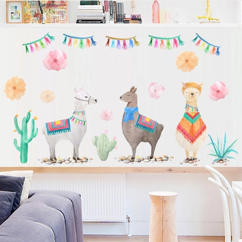 Aquarel Cartoon Alpaca Cactus Muurstickers Verwijderbare PVC Muurstickers Voor Kinderkamer Slaapkamer Woondecoratie