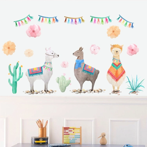 Aquarel Cartoon Alpaca Cactus Muurstickers Verwijderbare PVC Muurstickers Voor Kinderkamer Slaapkamer Woondecoratie