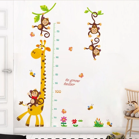 Autocollant Mural de Mesure de Taille Girafe Singe Dessin Animé PVC Règle Amovible Pour Chambre d'Enfant Crèche Décor