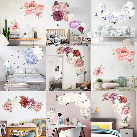 Watercolor Peony Flower Wall Stickers PVC Self Adhesive Floral Decals For Bedroom Living Room Home Decor Hand Painted Mural