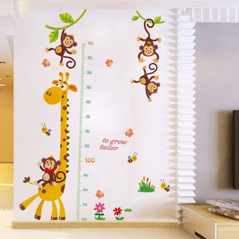 Autocollant Mural de Mesure de Taille Girafe Singe Dessin Animé PVC Règle Amovible Pour Chambre d'Enfant Crèche Décor