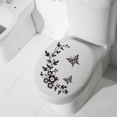 Adesivo per WC con Farfalle e Viti di Fiori Rimovibile Impermeabile in PVC per Coperchio Bagno Decorazione Murale