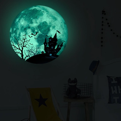 Halloween Glow In The Dark Moon Wall Sticker With Castle Bat Pumpkin Silhouette PVC Decal For Home Party Decorative