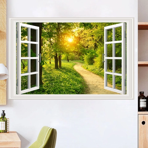 3D Faux Window Wall Sticker PVC Nature Scenery Forest Waterfall Beach Eiffel Tower Cityscape Self Adhesive Wall Decal
