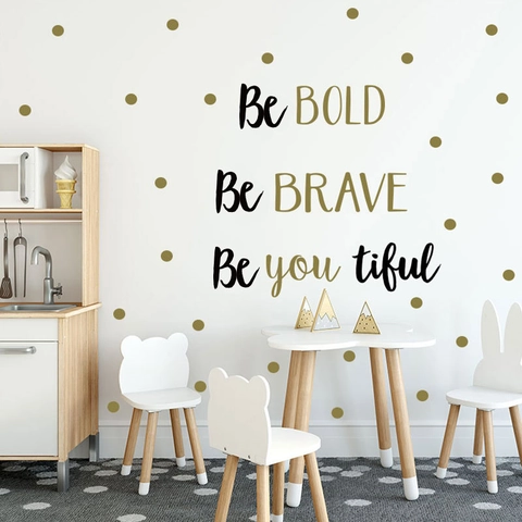 Be Bold Brave Beautiful PVC Wall Sticker Set Motivational Quotes Polka Dots Gold Black Self-Adhesive Nursery Home Decor