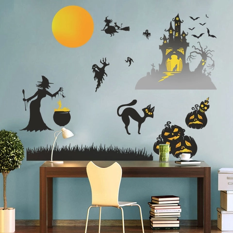 Halloween Geist Fledermaus Schloss Hexe Wandsticker PVC Abnehmbare Fensteraufkleber Spooky Haunted House Home Festival Party Deko