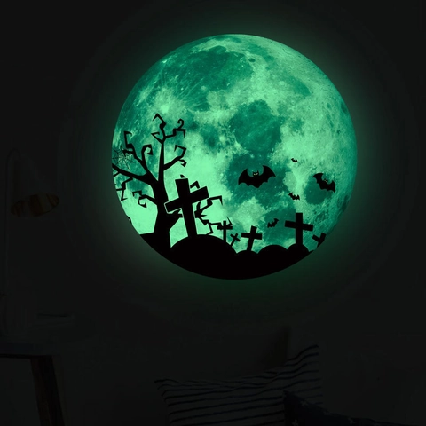 Adesivo da Parete Luna di Halloween Luminoso Pipistrello Croce Albero Morto Cimitero PVC Adesivi per Festa Spaventosa Casa
