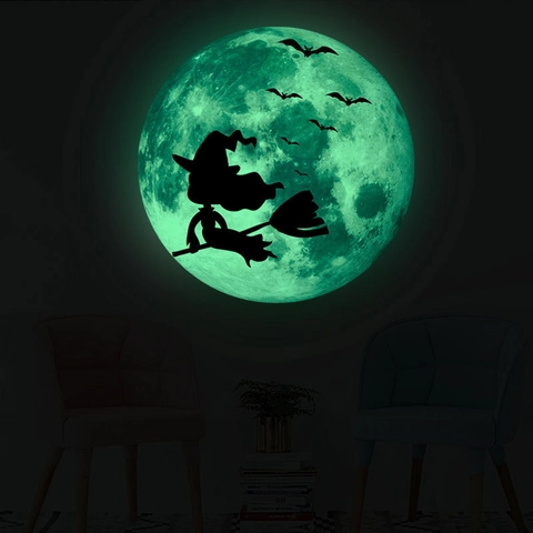 Halloween Leuchtend Mond Wandtattoo Im Dunkeln Leuchten Hexe Fledermaus Silhouette Aufkleber Für Kinderzimmer Dekoration