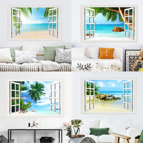 3D Falsches Fenster Wandaufkleber Blick Auf Den Strand Tropische Palmen Ozean Abnehmbare PVC Aufkleber Für Wohnzimmer Dekor