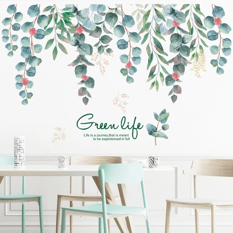 Adesivo da Parete Foglie di Eucalyptus Verde Acquerello Slogan Ispiratore Stampato Murale in PVC per Soggiorno Camera da Letto