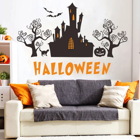 Pegatinas de Pared de Halloween Calcomanía de PVC Removible Castillo Gótico Murciélagos Gato Negro Calabaza Letras Naranjas Decoración