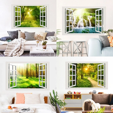 Adesivo da Parete Finestra Finta 3D Paesaggio Foresta Naturale Cascata Murale in PVC Autoadesivo per Soggiorno Camera da Letto