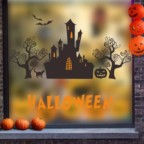Pegatinas de Pared de Halloween Calcomanía de PVC Removible Castillo Gótico Murciélagos Gato Negro Calabaza Letras Naranjas Decoración