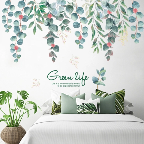 Adesivo da Parete Foglie di Eucalyptus Verde Acquerello Slogan Ispiratore Stampato Murale in PVC per Soggiorno Camera da Letto