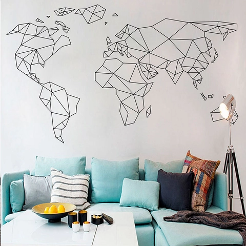 Modern Minimalist Geometric World Map Wall Sticker PVC Self Adhesive Removable Line Art Home Decor For Living Room Office