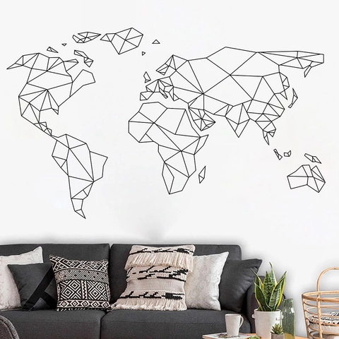 Modern Minimalist Geometric World Map Wall Sticker PVC Self Adhesive Removable Line Art Home Decor For Living Room Office